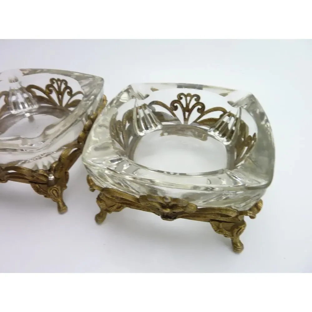 Vintage Hollywood Regency Glass Ashtrays Gold Filigree Jewelry Trinket Dishes